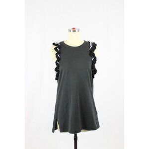 3.1 PHILLIP LIM Black Striped Knit Ruffle Trim Long Tunic Tank Top, Size S
